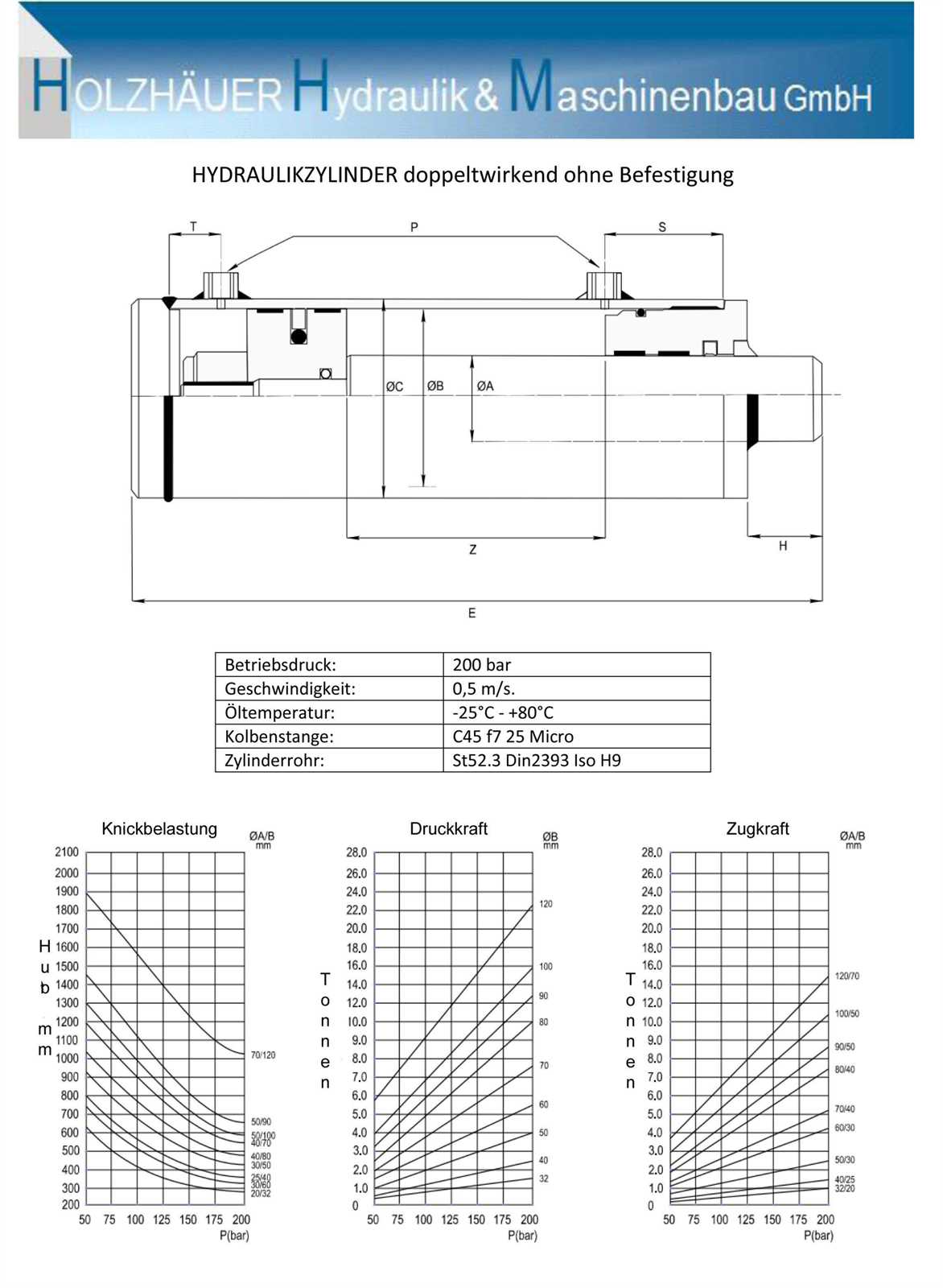 Preview: Hydraulikzylinder 50 100 350 doppeltwirkend ohne Befestigung 100 50 350