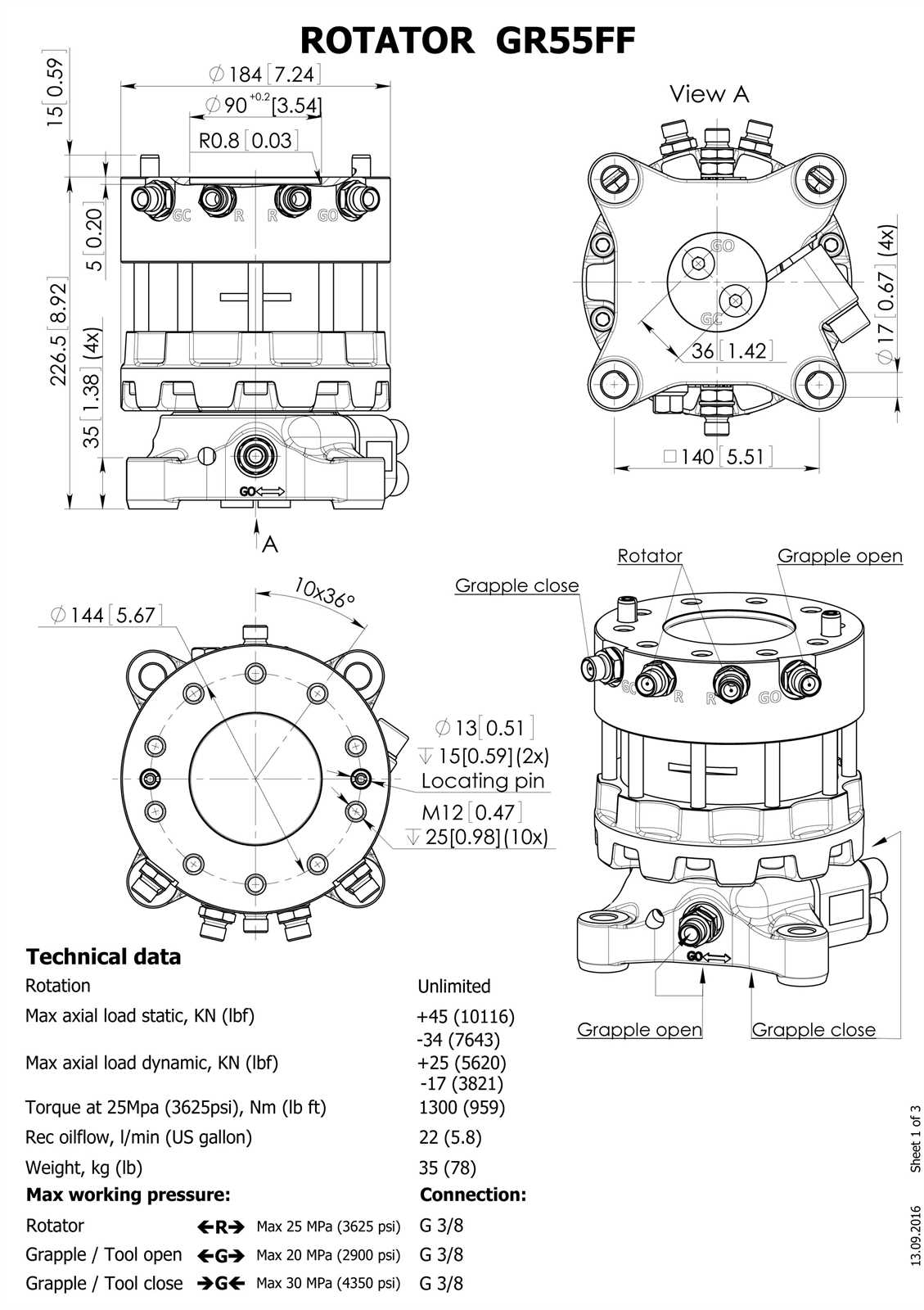 6 Tonnen Rotator Festanbau Doppelflansch FHR 6FF2X für Steingreifer Holzzange Minibagger